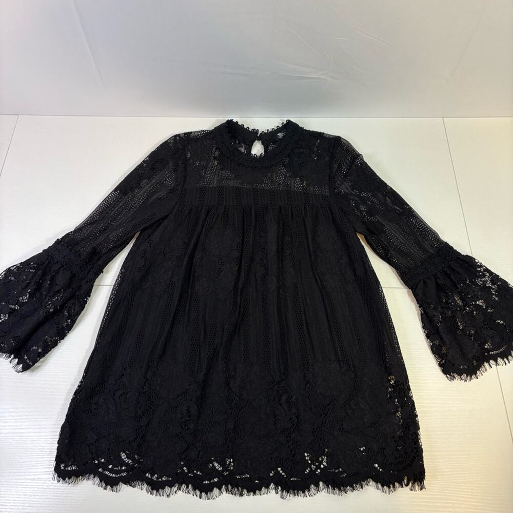 Miss Chievous Black Bell Sleeve Blouse with Lacy Ruffled Pleats Size Small R0353
